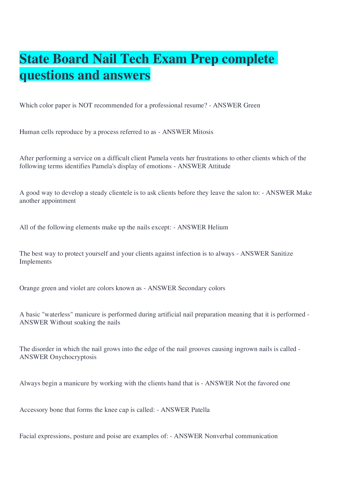 Preview image of State Board Nail Tech Exam Prep complete questions and answers document